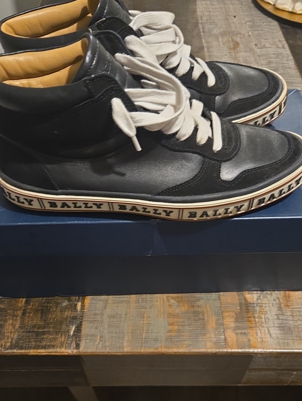 Bally Black Leather High-Top Sneakers with White Laces and Tan Interior